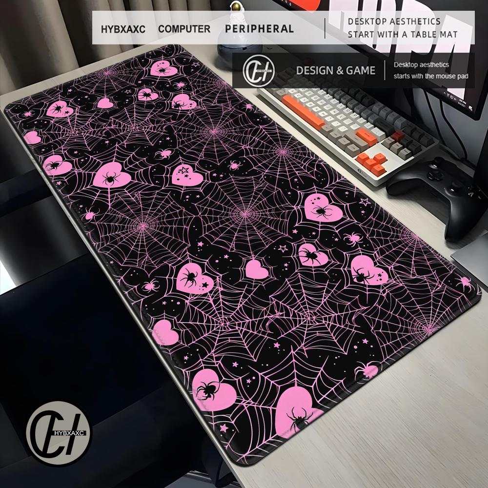 Office Tech Set Up - แผ่นรองเมาส์ลายใยแมงมุมสีขาวหรือชมพู ขนาด 90x40 ซม. ลายหัวใจ พาสเทล