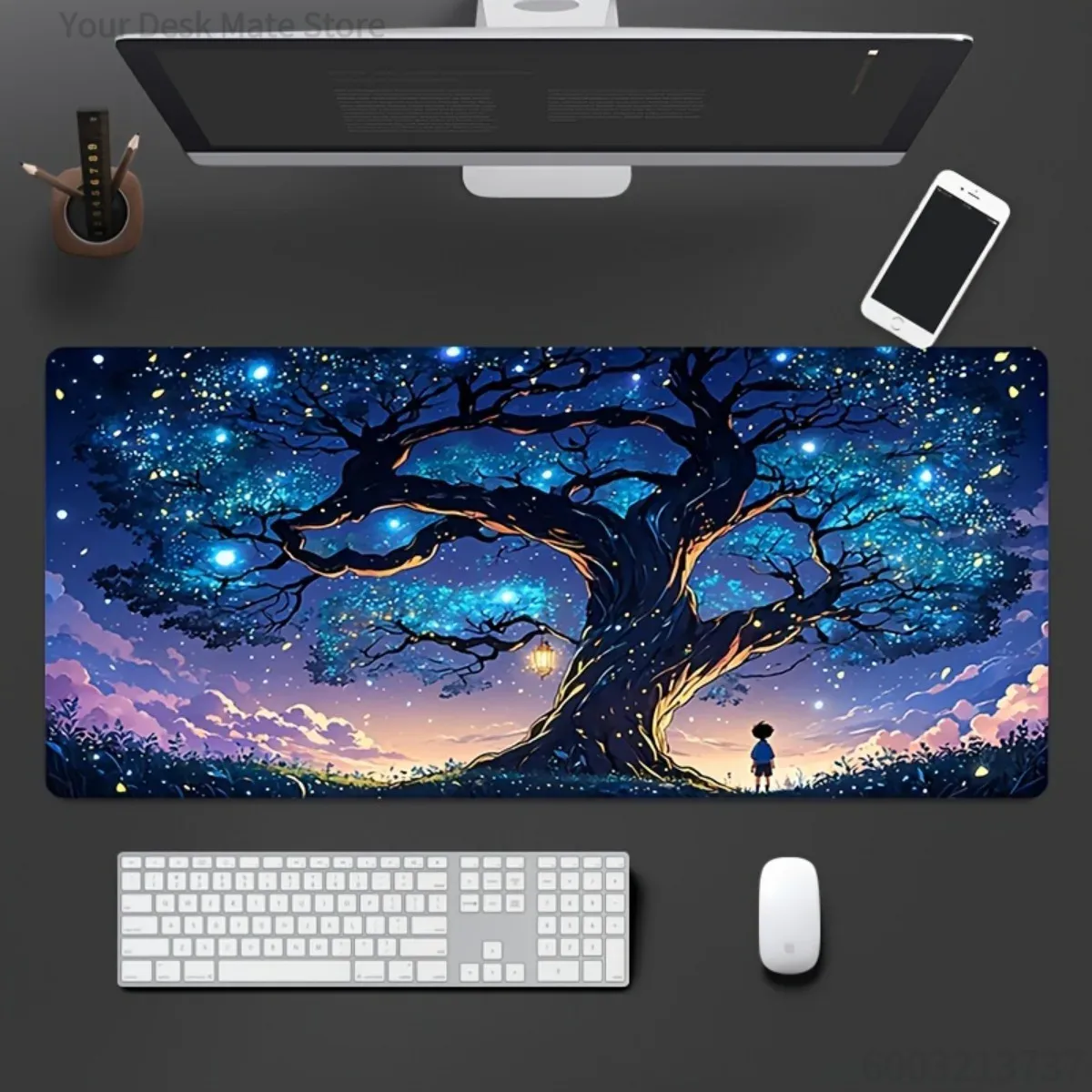 Office Tech Design - แผ่นรองโต๊ะเกมมิ่ง ยางกันลื่น คุณภาพสูง ลายท้องฟ้ายามค่ำคืน ดีไซน์ต้นไม้ ขอบเย็บอย่างดี